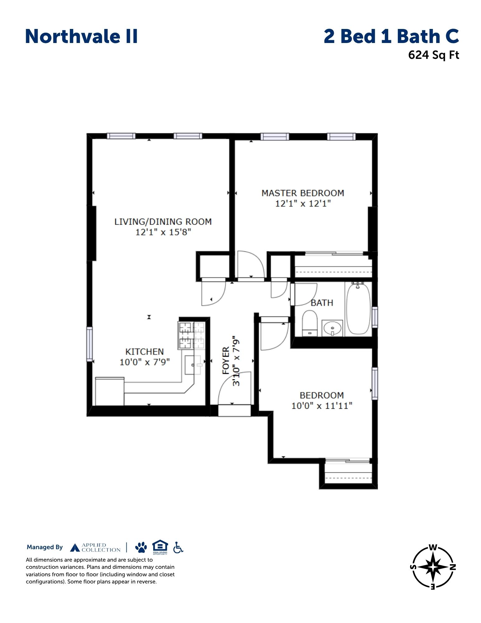 Floor plan for 2 beds, 1 bath, 624 sqft